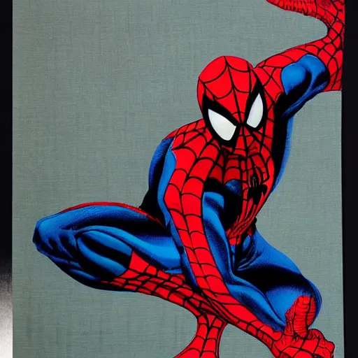 Image similar to Spider-man as illustrated by Yoshitaka Amano. 1994. Acrylic and Watercolor on lithography paper. Ukiyo-e