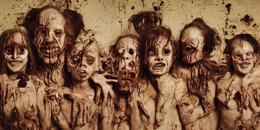 Image similar to studio portrait of a happy creepy mud family by bob bottin and cronenberg, horror grotesque, realistic detailed photography, filth and grim, colorized 1 9 9 0's