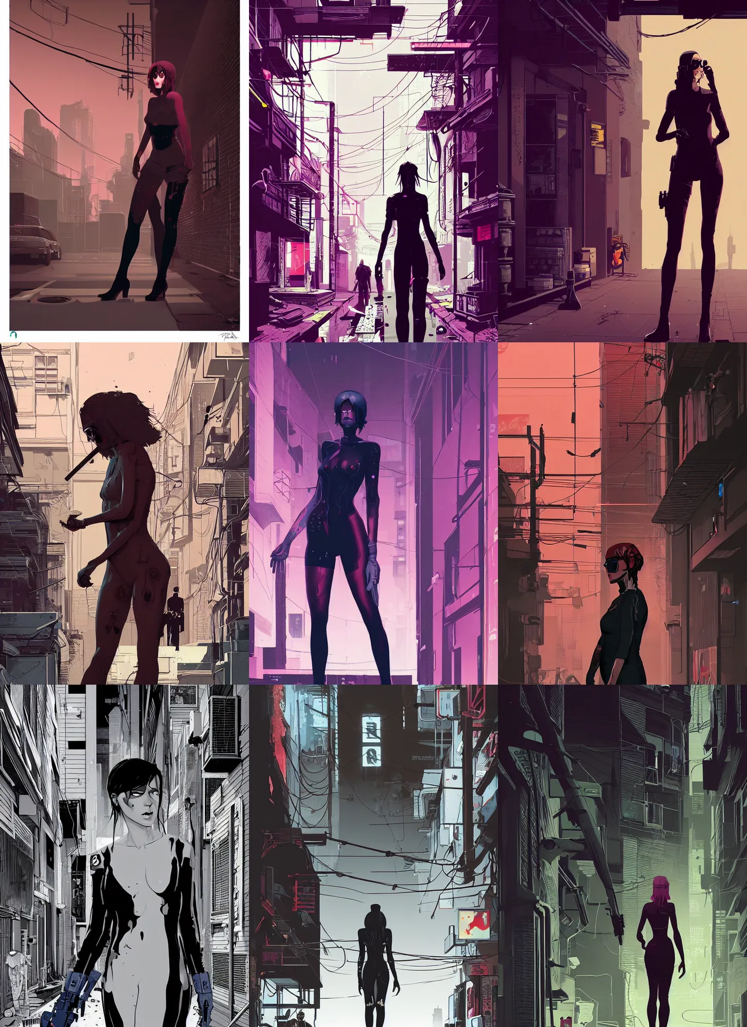 Prompt: a woman standing in an alley with a bloody body, cyberpunk art by Tomer Hanuka, cgsociety, vanitas, ilya kuvshinov, 2d game art, official art