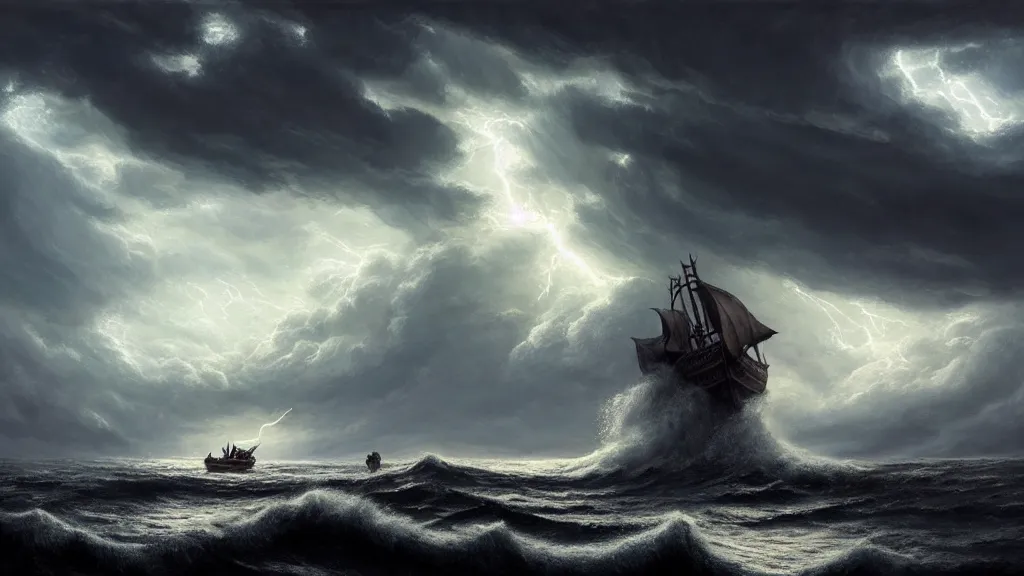 Prompt: small boat near a massive giant kraken coming out of a stormy sea in the distance, giant waves, lightning in background, intricate, detailed, volumetric lighting, sharp focus, scenery, photorealism, digital painting, highly detailed, concept art, ruan jia, dark souls, steve mccurry