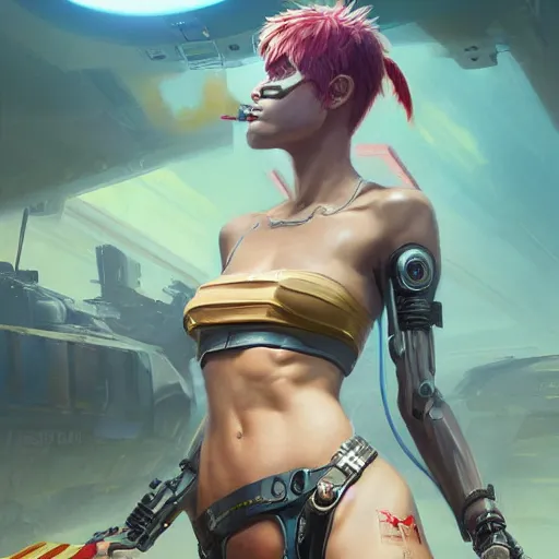 Image similar to tank girl, highly detailed, half android, power implants, full body transmogrify, beautiful, mesmerising, look of desire, loving stare, digital painting, trending on artstation, concept art, 4 k, sharp focus, illustration, art by greg rutkowski and magali villeneuve