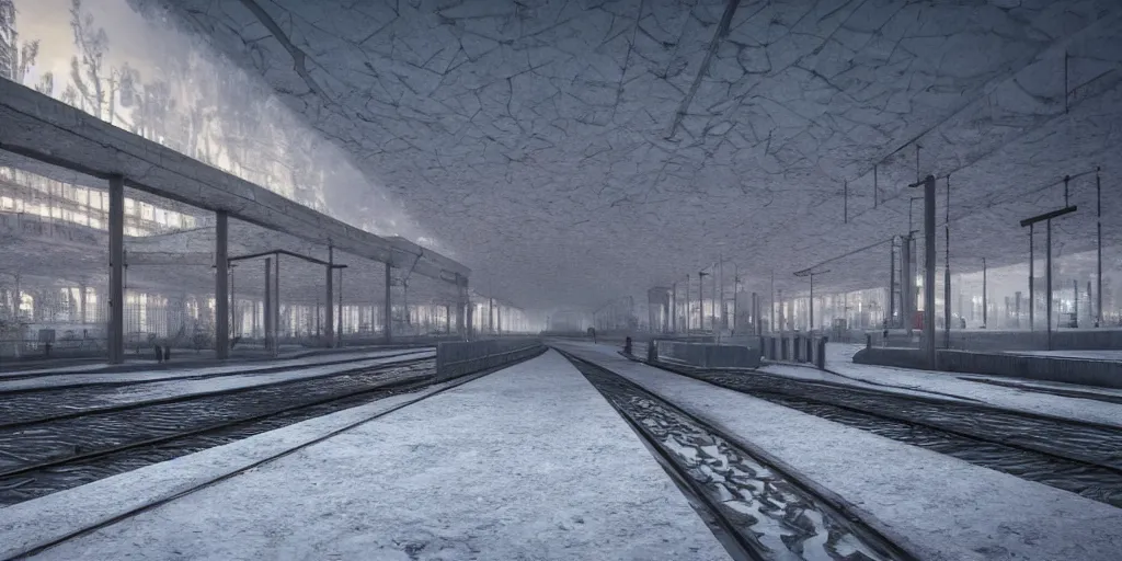 Prompt: 3 d render brutalism ussr metro station, located in the snow, puddles of water, by artgem, ivan shishkin, sunset, foggy, stunning skies, volumetric lighting, sharp focus, cryengine