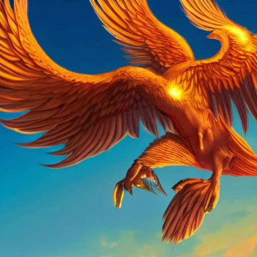 Prompt: a close - up shot of a phoenix flying over an island, golden hour, digital art, award - winning, hyper detailed, 4 k, smooth, sharp focus, trending