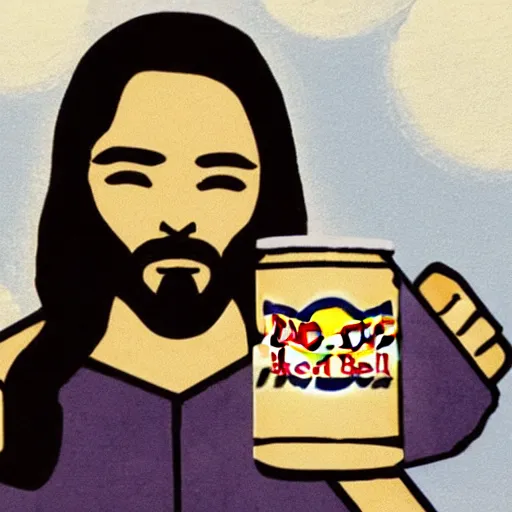 Image similar to jesus holding a can of Redbull