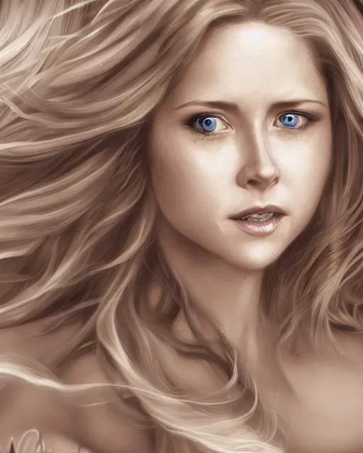 Prompt: happy smiling jenna fischer cleric, long blonde wind swept hair, ethereal, dreamy, backlit, highly detailed, stern expression, realistic lighting, sharp focus, windswept, rule of thirds, symmetrical facial features, by artgerm, wlop, rossdraws, frank frazetta, andrei riabovitchev, trending on artstation, hd, 4 k, fantasy