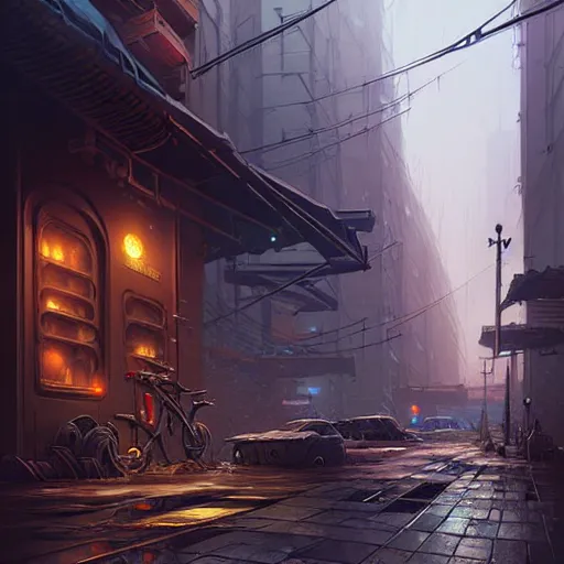 Image similar to professional concept art of a dreary diesel punk city street by artgerm and greg rutkowski. an intricate, elegant, highly detailed digital painting, concept art, smooth, sharp focus, illustration, in the style of simon stalenhag, wayne barlowe, and igor kieryluk.