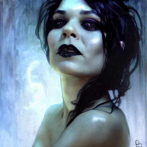 Image similar to beautiful portrait of vanessa hudgens as death from sandman, smiling, by cedric peyravernay, alphonse mucha, by jeremy mann, by lecouffe deharme, goth chic, soft lightning, eyeliner, punk rock, high detailed, 8 k