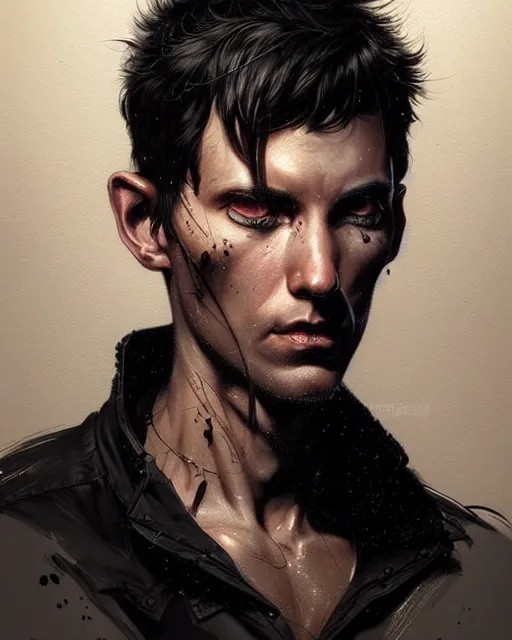 Image similar to professional concept art portrait of a diesel punk man with short black hair in a dark room by artgerm and greg rutkowski. an intricate, elegant, highly detailed digital painting, concept art, smooth, sharp focus, illustration, in the style of cam sykes, wayne barlowe, igor kieryluk.