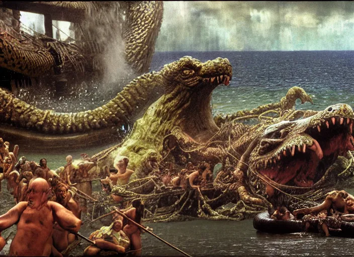 Image similar to photo of wet slimy godzilla attacking the raft of the medusa, by lawrance alma - tadema by roger corman by richard corben by rick baker, fujifilm velvia 5 0. masterpiece, intricate, hyper realism, high detail, octane render, unreal engine, 8 k