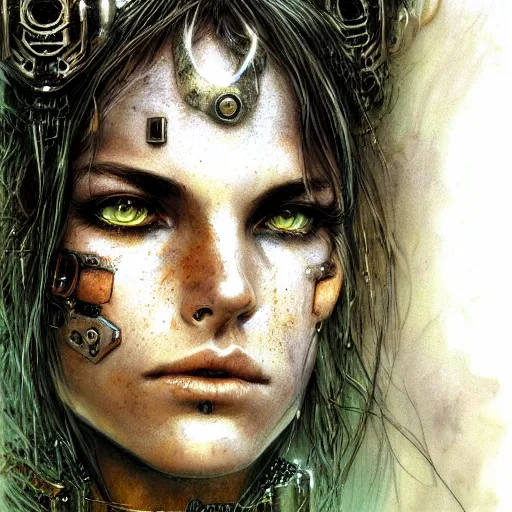 Image similar to an award finning closeup facial portrait by luis royo and john howe of a very beautiful and attractive female bohemian cyberpunk traveller aged 2 5 with green eyes and freckles in clothed in excessively fashionable cyberpunk gear and wearing ornate warpaint