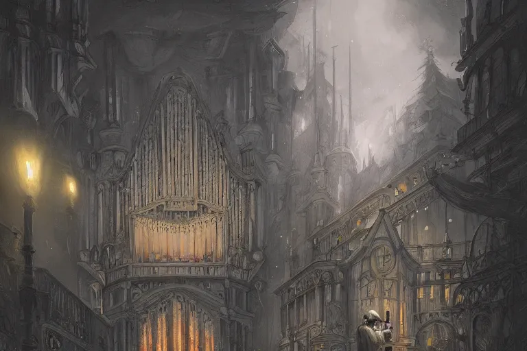 Image similar to illustration of close - up street view of pipe organ, night, ghostly figures, by peter mohrbacher, by alex andreev, by jacek yerka, by alan lee, large depth of field, super detailed, digital art, trending on artstation