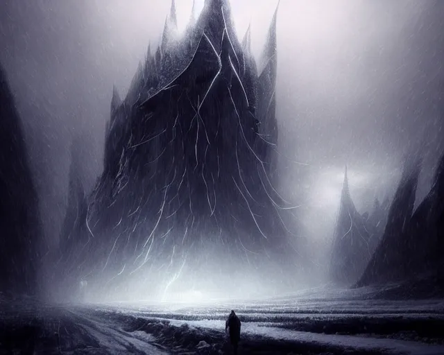 Image similar to in the north niflheim formed and it became such a dark and cold place that there was nothing else than ice and frost and fog, norse mythology, beautiful digital painting in the style of wlop, volumetric lightning, intricate details, ultra realistic, by art germ, by gerald brom, fantasypunk, deep colors, trending cgsociety, artstation, sharp