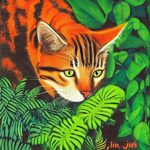 Prompt: a cat in a jungle landscape, by Jim Davis
