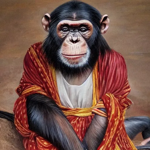 Image similar to beautiful painting by sophie anderson of a chimpanzee wearing traditional men kurdish clothes baggy pants and white shirt with a large sash tied around the waist in a kurdish village, award winning art, insanely detailed, bright colors, global illumination, cute, young, stunning