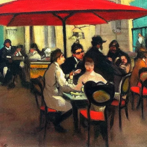 Image similar to vintage paris cafe, klingon sitting at outdoor table, oil painting, expressionism, degas.