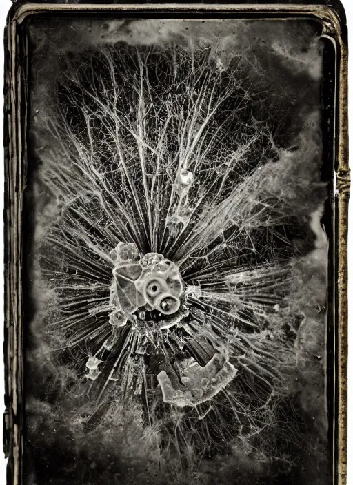 Image similar to old wetplate daguerreotype invention of entrophy, explosion of data fragments, fractal, intricate, elegant, highly detailed, parallax, leica, medium format, subsurface scattering, by joan eardly