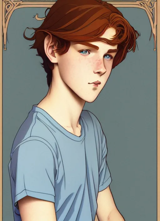 Image similar to art nouveau portrait of a teen boy with completely straight auburn hair, light blue eyes, pale skin, freckles, sad expression, t - shirt, modern casual clothing, natural lighting, path traced, highly detailed, high quality, cartoon, digital painting, by don bluth and ross tran and studio ghibli and alphonse mucha