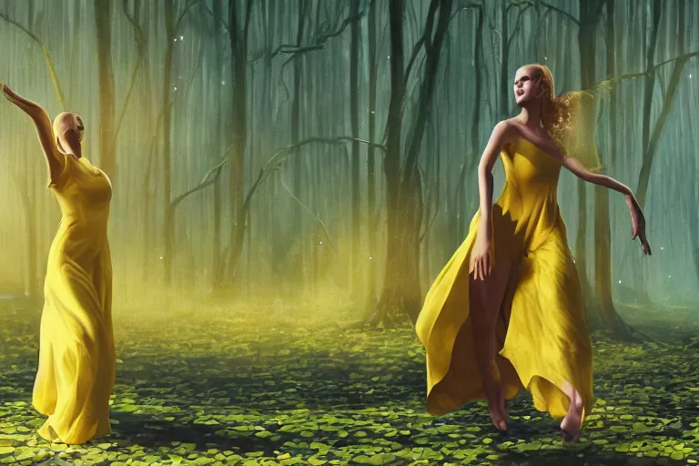 Image similar to A hyper realistic movie still of young woman in a yellow dress as a sorcerer dancing in with spirits in a mystical forest of an exotic world, by Chiara Bautisya, annihilation movie, blade runner movie, in style of Laurie Greasley, Jen Bartel, Background by Tarmo Juhola, kowloon, cinematography Roger Deakins,