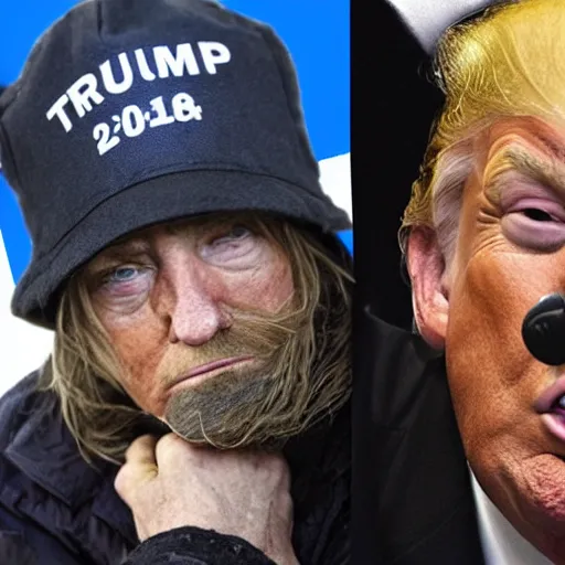 Image similar to donald trump dressed as a homeless man living in the slums