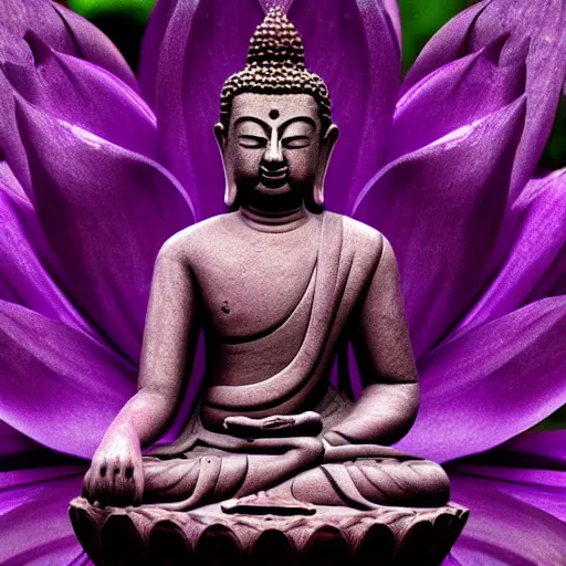 Prompt: The Buddha sitting on a purple Lotus Flower, Buddhist Art, Depth of Field, 4k resolution. Concept art, Abstract art, digital art