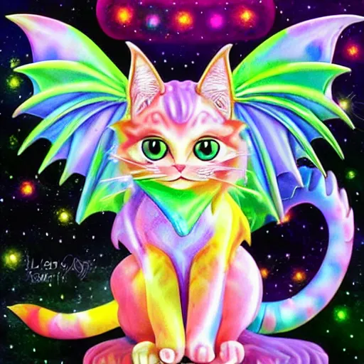 Prompt: a very cute fantasy cat with beautiful dragon wings by lisa frank