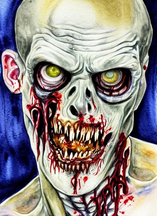 Prompt: zombie hollywood professional acting headshot, hyperrealism, intricate detailed, studio lighting, charming expression gesicht, watercolor art, drawn and painted, colored layers, dulled contrast, painterly