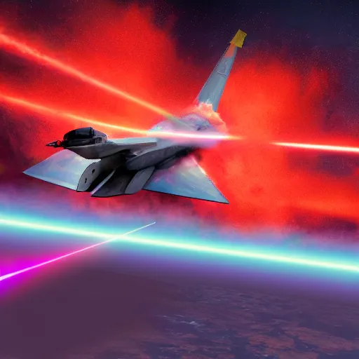 Prompt: cinematic areal shot of a fighter jet exploding from the laser energy wawe concept art