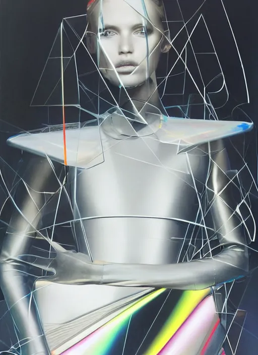 Image similar to futuristic lasers tracing, colorsmoke, leather fullbodysuit, pyramid hoodvisor, raindrops, wet, oiled, beautiful cyborg girl, by steven meisel, kaws, rolf armstrong, mondrian, kandinsky, perfect geometry abstract acrylic, octane hyperrealism photorealistic airbrush collage painting, dark monochrome, fluorescent colors, minimalist rule of thirds, eighties eros