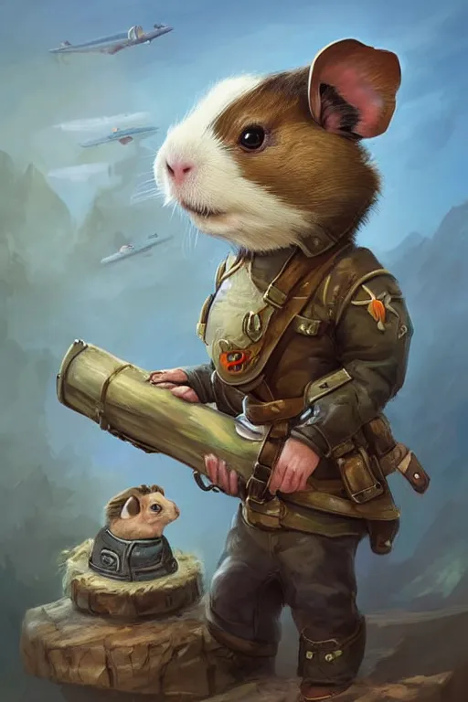 Prompt: cute little anthropomorphic Guinea Pig Pilot standing next to its plane, tiny, small, short, Pilot driver outfit, cute and adorable, pretty, beautiful, DnD character art portrait, matte fantasy painting, DeviantArt Artstation, by Jason Felix by Steve Argyle by Tyler Jacobson by Peter Mohrbacher, cinematic lighting