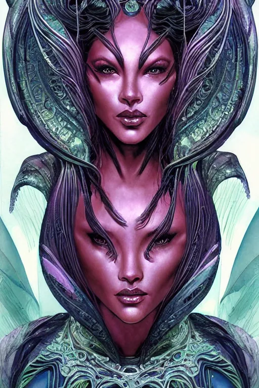 Prompt: a beautiful exotic other-worldly alien queen bust portrait, with confident twinkling eyes, extremely detailed frontal declotage and thick flowing hair, perfectly symmetrical facial features and muscle anatomy, ultradetailed art and illustration, aquiline facial features and primordial beauty, by bill sienkiewicz and chris bachalo and travis charest, fantasy, intricate complexity, asian and native american facial structure, accurate human anatomy mixed with hyper-evolved alien characteristics, sci-fi character concept, mixed media, splatter, bleed, hyperrealism 8k