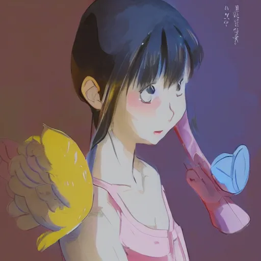 Image similar to a duck wearing a dress, illustration concept art anime key visual trending pixiv fanbox by wlop and greg rutkowski and makoto shinkai and studio ghibli and kyoto animation symmetrical facial features