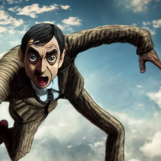 Prompt: mr bean as a titan in attack on titan, dramatic, cinematic, 8 k extreme detail, gritty, clear focus