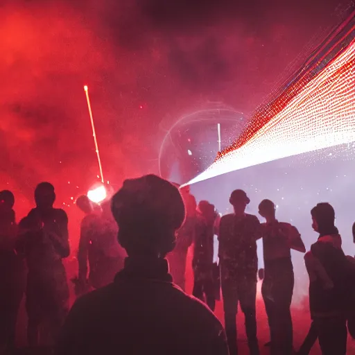 Image similar to giant group smoke bodies, lasers, darkness, from behind, wide angle, elaborate, smoke, red dot, highly detailed, beautiful lighting