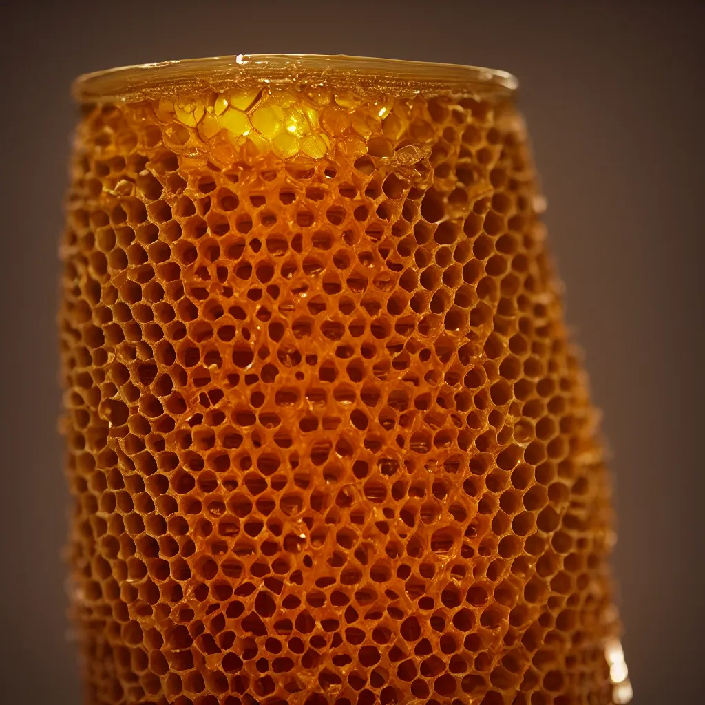 Image similar to real honeycomb traditional vase with honey by tomas gabzdil libertiny, product design, film still from the movie directed by denis villeneuve with art direction by zdzisław beksinski, telephoto lens, shallow depth of field