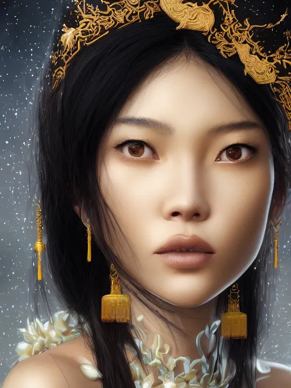 Image similar to beautiful portrait of a Chinese-French mixed race female, subtropical ethnicity, ivory skin, dark brown long hair, dark brown eyes, wearing fantasy minority costume,intricate, elegant, highly detailed, dim volumetric lighting, abstract, 8k,octane,post-processing,digital painting, trending on artstation, concept art, smooth, sharp focus, illustration,by Tom Bagshaw and Daniel Gerhartz and Albert Aublet and Lawrence Alma-Tadema and alphonse mucha