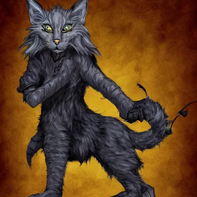 Image similar to khajit tabaxi catfolk humanoid with maine coon features black fur with a scar on the left eye and holding two shortswords cloaked in shadow and wearing hooded leather armor agile, dungeons and dragons, fantasy, tarot card style, high detail, hyper realistic