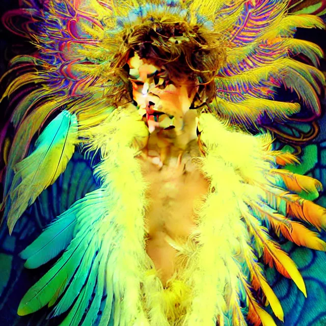 Image similar to face of young psychedelic transcendent feather mind bending psychedelic wings of glossy liquid honey flowing like kaleidoscopic translucent holograph, lsd feathers, feathery fluff, enlightenment, high contrast dappled lighting, refracted sunset, highly detailed, concept art, art by collier, albert aublet, krenz cushart, artem demura, alphonse mucha