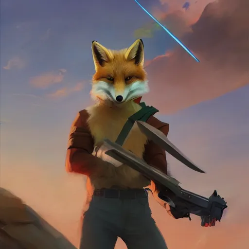 Image similar to a portrait of fox mccloud holding a lazer sword, artstation, gregory manchess, greg rutkowski, 8 k highly detailed, cinematic, rim lighting, award winning, furry art, furaffinity, emotional