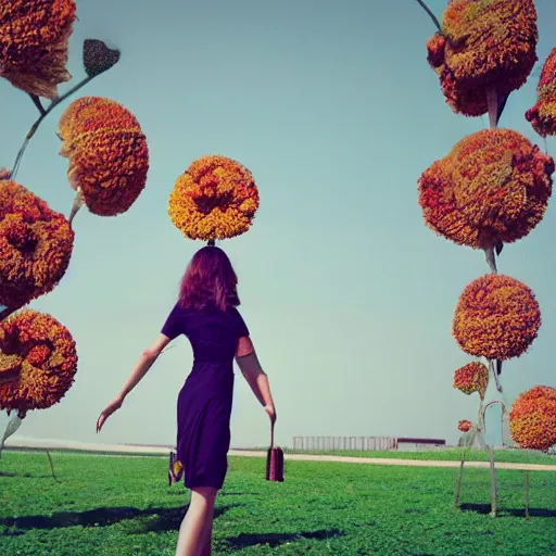 Prompt: giant flower head, woman walking, surreal photography, cinematic, symmetry, flat space, fanciful, bright, detailed, wes anderson