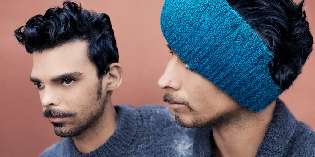 Image similar to Male, Male, Male, Male, Male, short hair, blue hair, dark skin, teal sweater, wavy hair, photograph, hd,