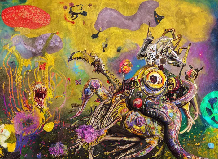 Prompt: expressionistic decollage painting golden armor alien zombie horseman riding on a translucent bone dragon broken rainbow diamond maggot horse in a blossoming meadow full of colorful mushrooms and golden foil toad blobs in a golden sunset, distant forest horizon, painted by Adrian Ghenie, Danny Fox and Hilma af Klint, pixelated, buff, color field painting, graffiti tag, byzantine art, pop art feel, naive. Mark Rothko painting, part by Philip Guston and Frank Stella art by Barnett Newman, 8k, extreme detail, intricate detail, masterpiece