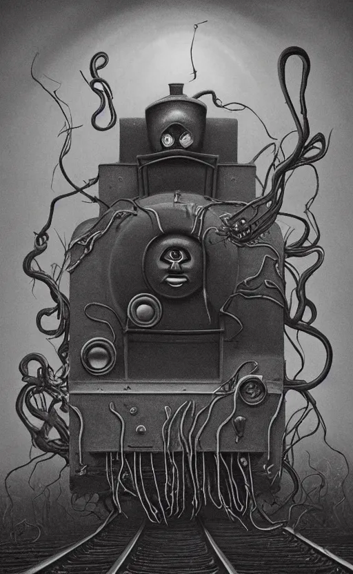 Image similar to thomas the tank engine in style of zdzisław beksinski, extremely dramatic lighting, 8 k, tendrils, black, darkness, black slime tendrils, infected, rust, body horror, thomas the train, thomas the tank engine face, horror,