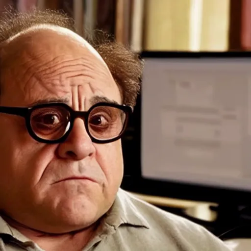 Image similar to danny devito bleary eyed at a computer, film still from the movie directed by Denis Villeneuve