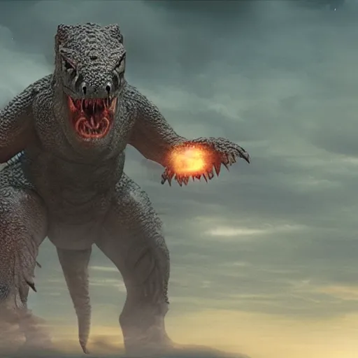 Image similar to low resolution filmstill of a kaiju monster