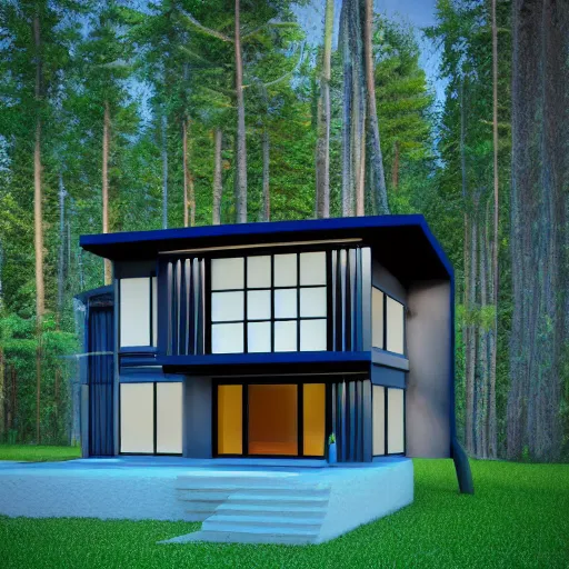 Image similar to a modern house in the woods. the house is the shape of a mobius strip with large picture windows. there are pine trees all around. digital art, 3 d render.