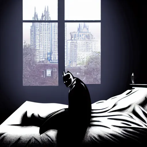 Image similar to man sleeping in bed with batman lurking menacingly in the window