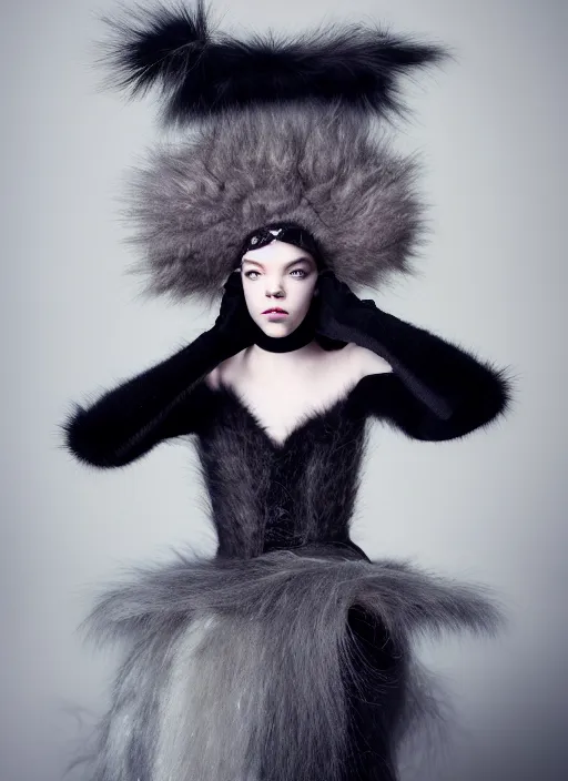 Image similar to full body environmental portrait photo of anya taylor - joy as catgirl, headpiece made from fur, glamour shot by gemmy woud - binnendijk, chris knight, photorealistic, canon r 3, fashion photography, elegant, luxury and elite, symmetry, octane render, unreal engine, solid dark grey background, dramatic lights, high fashion journal cover