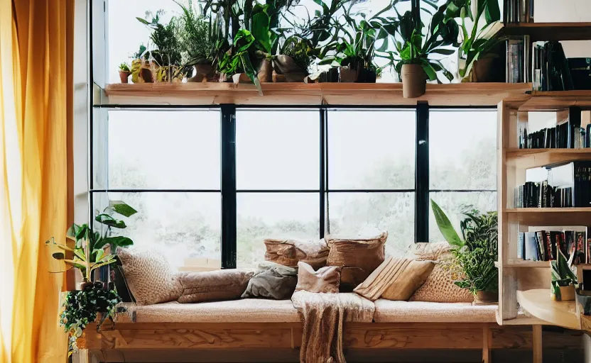 Image similar to interior desing magazine photo of a big window with a wooden frame to sit on, some sandy yellow pillows, there are just a few books and plants on a small integrated shelf, great architecture, ambient light, 8k