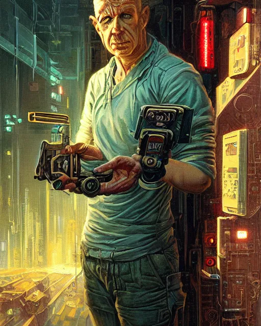 Image similar to a painting of a man holding a machine in his hands, cyberpunk art by les edwards and by michael whelan and by dan mumford, cgsociety, neoplasticism, lovecraftian, future tech, circuitry