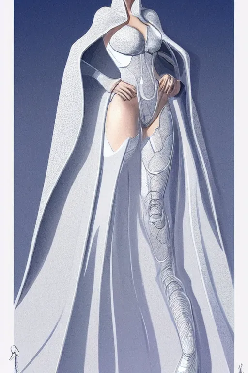 Image similar to detailed beautiful noun in opened white gold blue coat, seductive confident pose, attractive feminine curves, intricate details, futuristic, alien, elegant cape, elegant, photorealism, trending on artstation, holy halo, advanced technology, art by moebius and vitaly bulgarov and chanthara